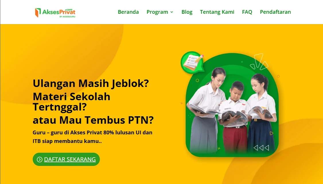 Beranda website AksesPrivat, layanan les privat