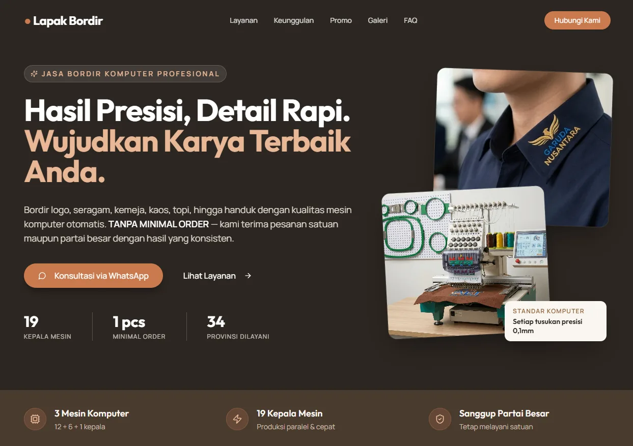 Beranda website Lapak Bordir, jasa bordir komputer